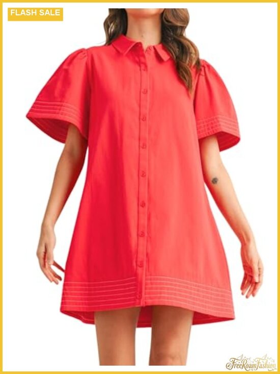 Dresses & Skirts - Women's Short Sleeve Button Down Mini Shirt Dress with Pockets